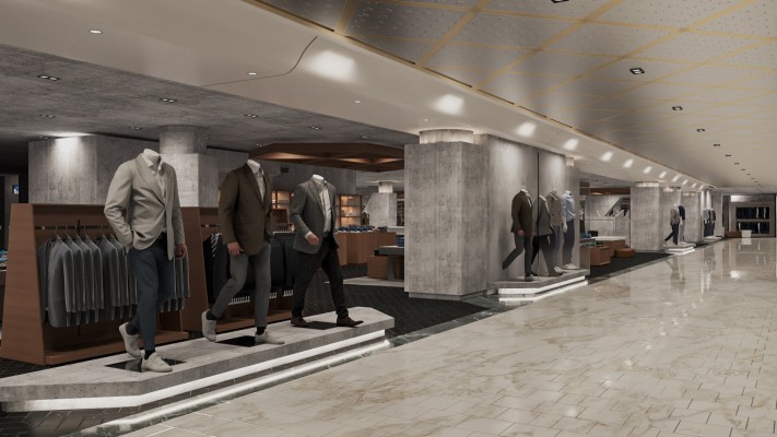 3D interior rendering of an airport terminal